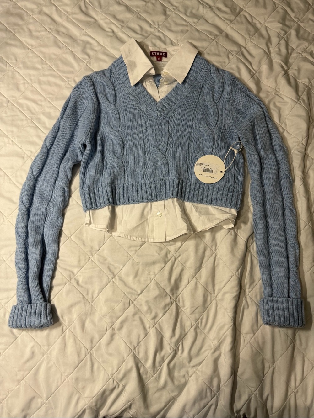 STAUD Sky Blue Cable-Knit Cropped V-Neck Sweater
